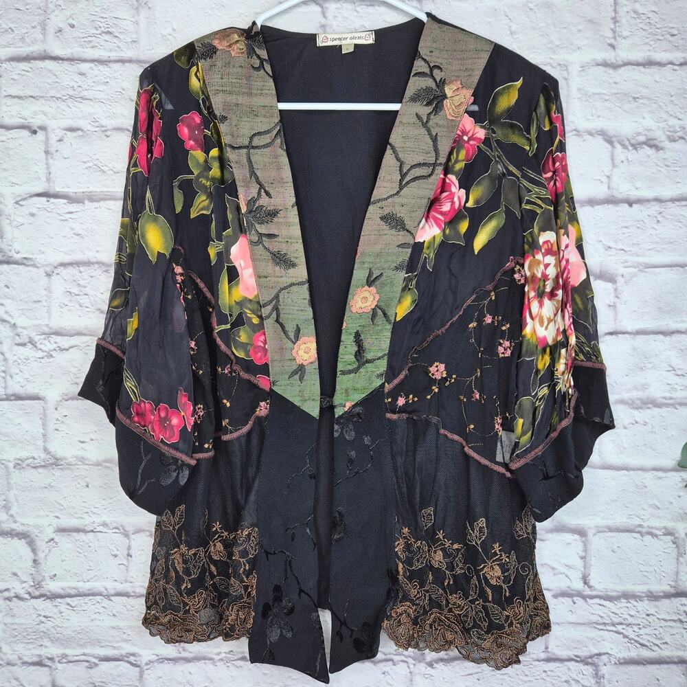 Spencer Alexis Vintage Silk Kimono Jacket L Floral Velvet Whimsigoth Boho